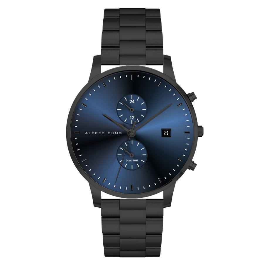 Alfred Sung Dual Time with Date Blue Dial Black Bracelet watch — Dual Time with Date Blue Dial Black Bracelet…