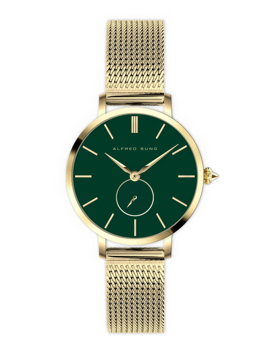 Alfred Sung Serenity Green Dial Gold Bracelet Ladies watch