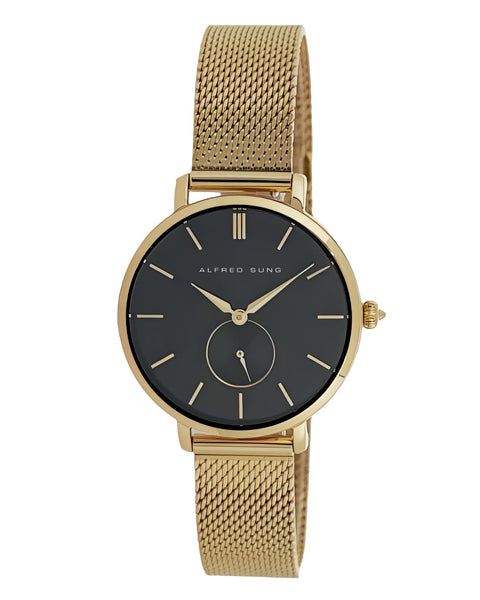 Alfred Sung Serenity Black Dial Gold Bracelet Ladies watch