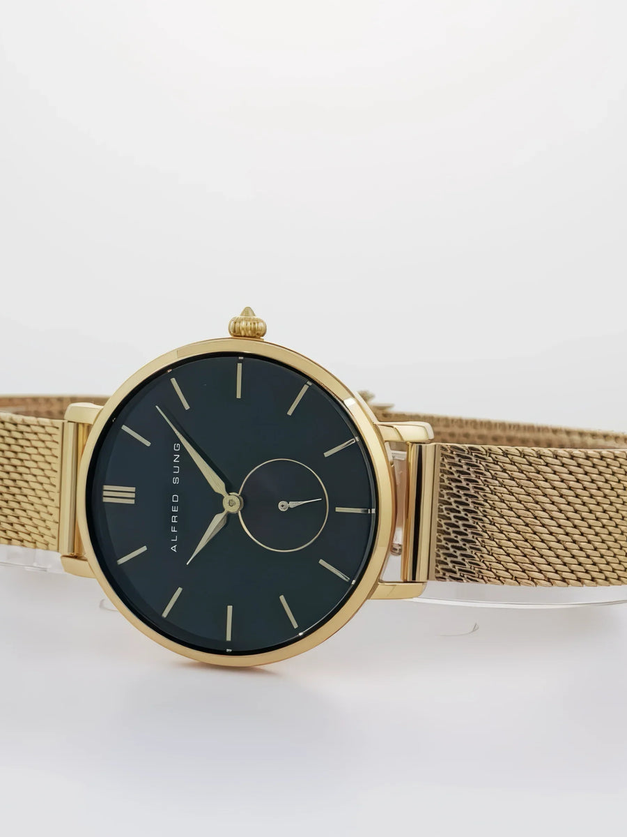 Alfred Sung Serenity Black Dial Gold Bracelet Ladies watch