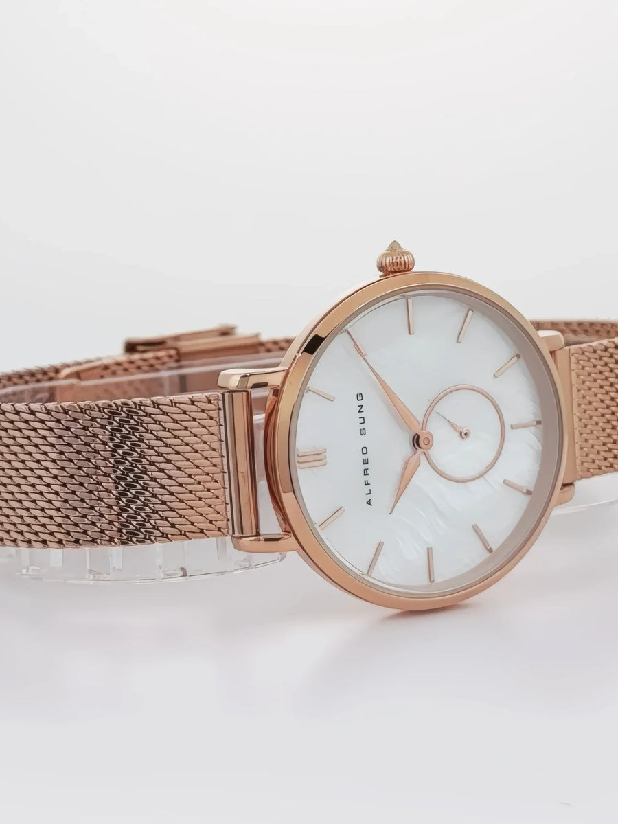 Alfred Sung Serenity Mother of Pearl White Dial Rosegold Bracelet Ladies watch