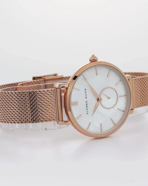 Alfred Sung Serenity Mother of Pearl White Dial Rosegold Bracelet Ladies watch