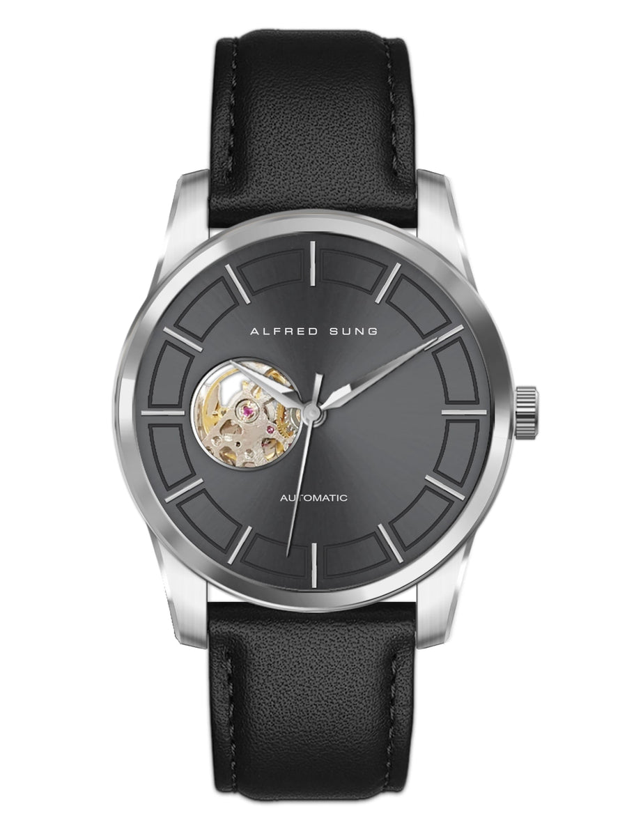 Alfred Sung Automatic Black Leather Strap Men's watch