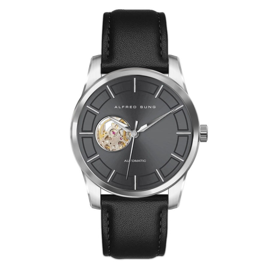 Alfred Sung Automatic Black Leather Strap Men's watch — Automatic Black Leather Strap Men's watch