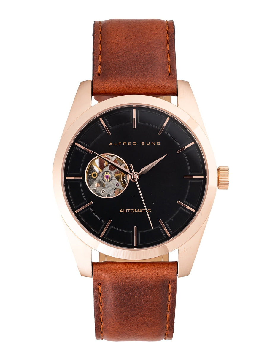 Alfred Sung Automatic Black Dial Brown Leather Strap Men's watch