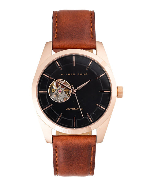 Alfred Sung Automatic Black Dial Brown Leather Strap Men's watch