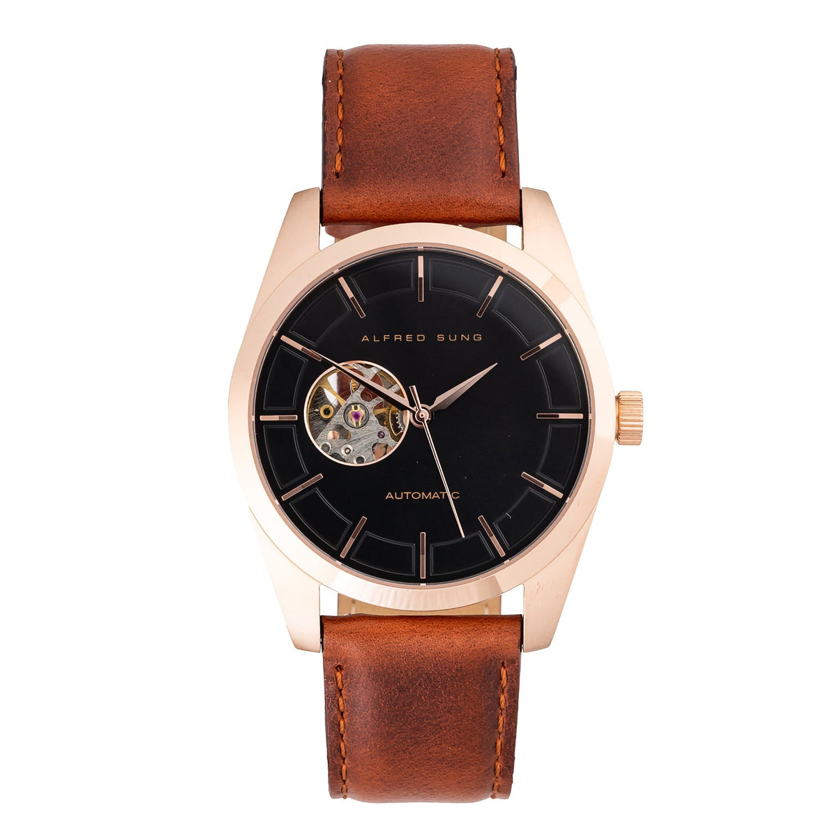 Alfred Sung Automatic Black Dial Brown Leather Strap Men's watch — Automatic Black Dial Brown Leather Strap…