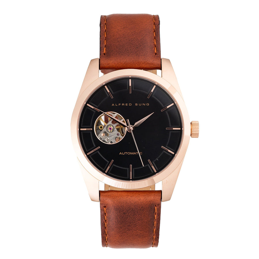 Alfred Sung Automatic Black Dial Brown Leather Strap Men's watch — Automatic Black Dial Brown Leather Strap…