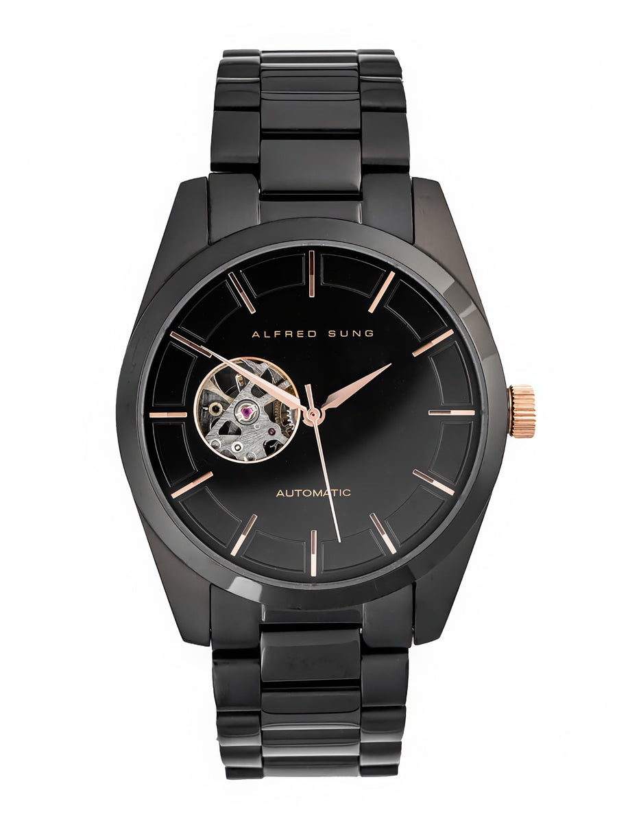 Alfred Sung Automatic Rosegold Accents Black Bracelet Men's watch