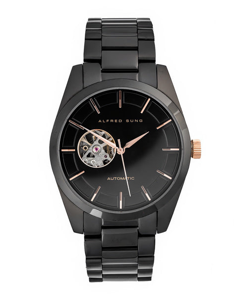 Alfred Sung Automatic Rosegold Accents Black Bracelet Men's watch