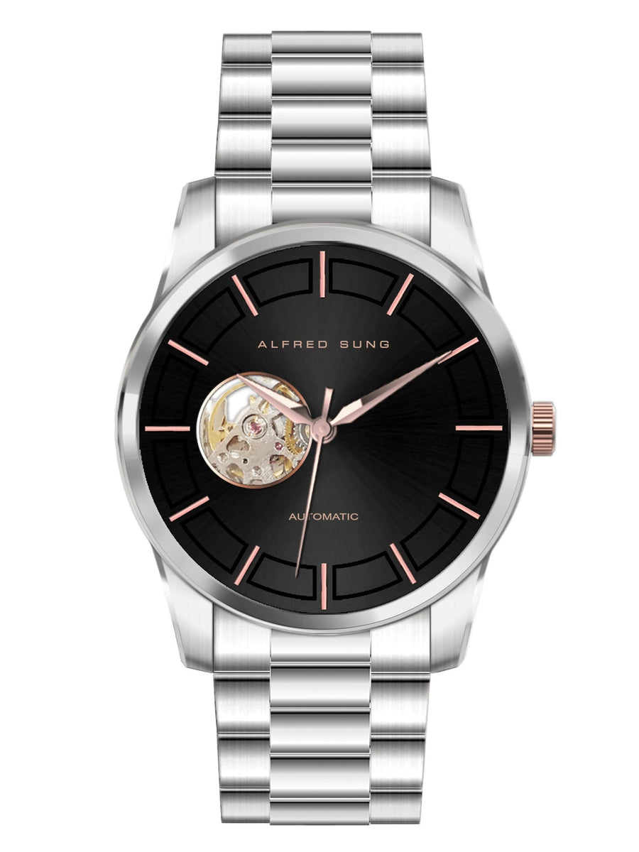 Alfred Sung Automatic Black Dial Silver Bracelet Men's watch