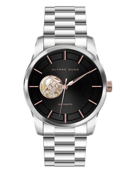 Alfred Sung Automatic Black Dial Silver Bracelet Men's watch