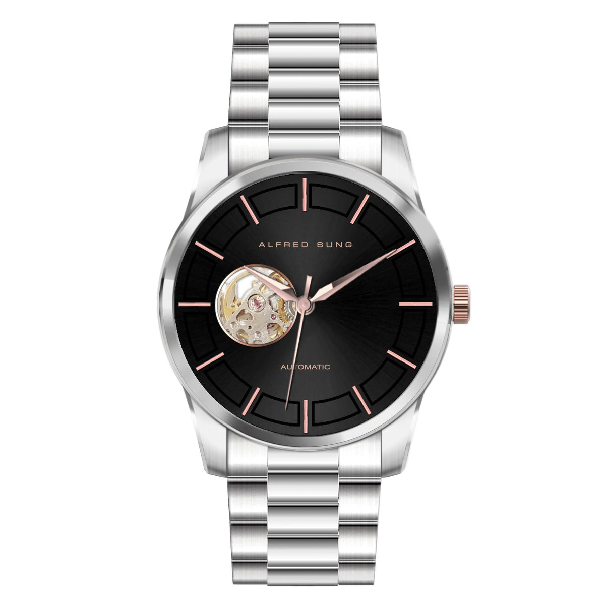 Alfred Sung Automatic Black Dial Silver Bracelet Men's watch — Automatic Black Dial Silver Bracelet Men's watch