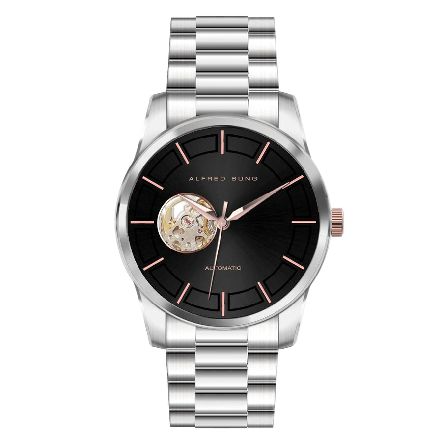 Alfred Sung Automatic Black Dial Silver Bracelet Men's watch — Automatic Black Dial Silver Bracelet Men's watch