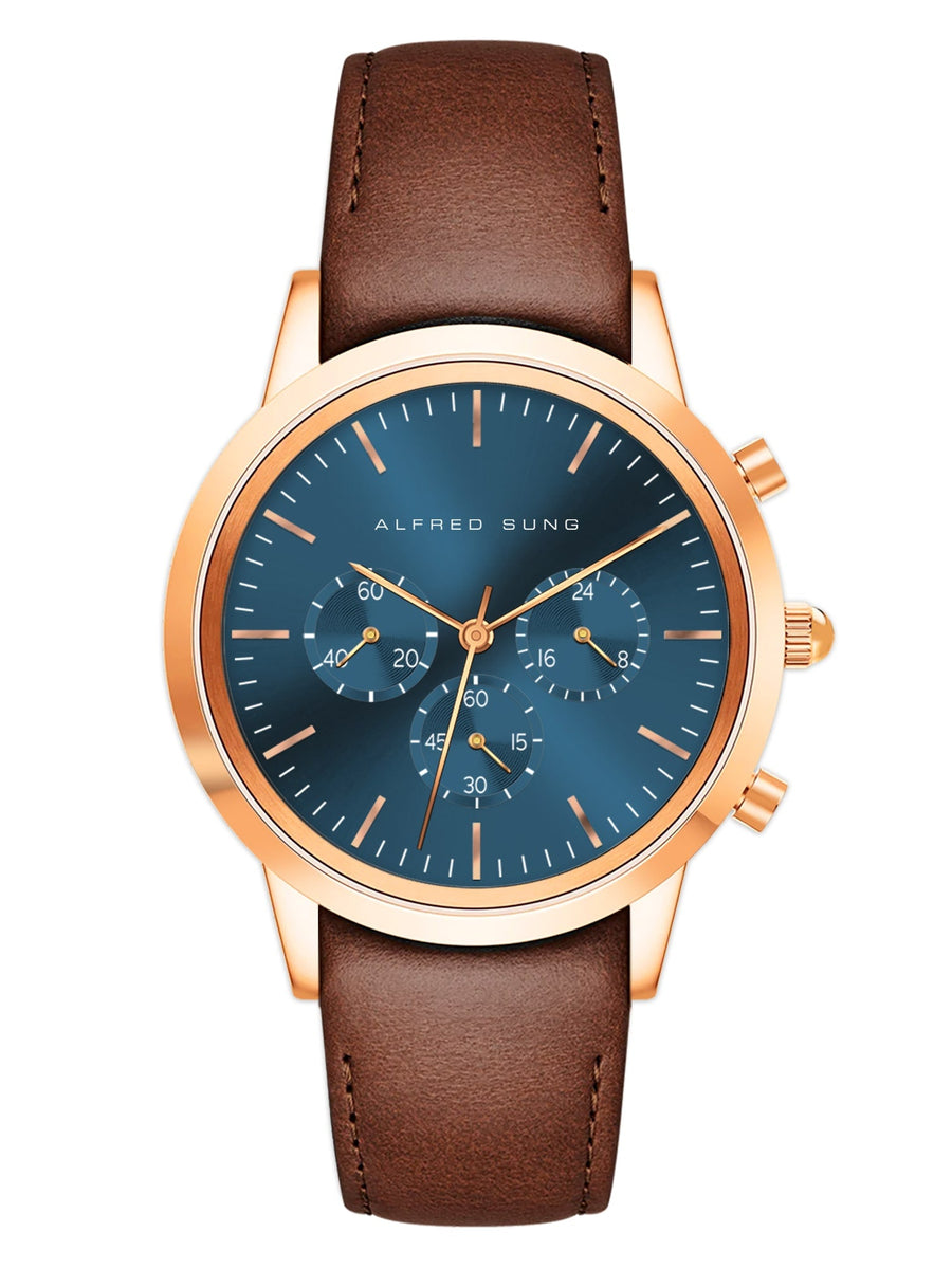 Alfred Sung Chronograph Blue Sunray Dial Brown Leather Strap Men's watch