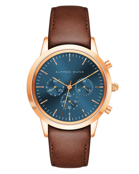 Alfred Sung Chronograph Blue Sunray Dial Brown Leather Strap Men's watch