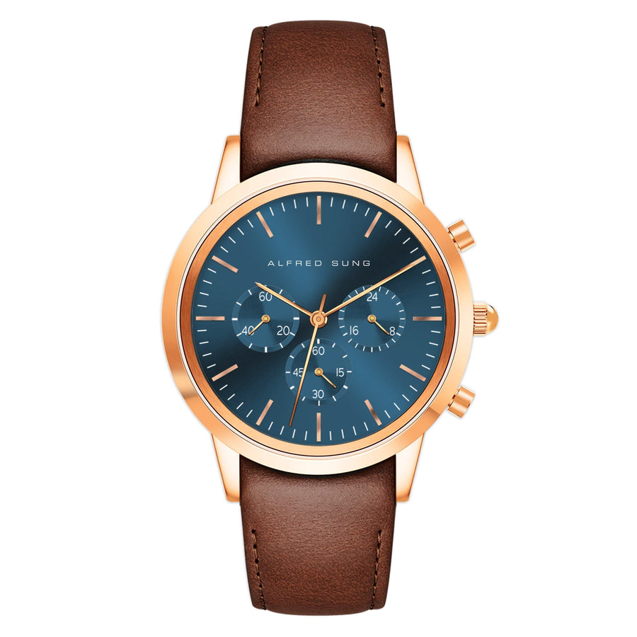 Alfred Sung Chronograph Blue Sunray Dial Brown Leather Strap Men's watch — Chronograph Blue Sunray Dial Brown…