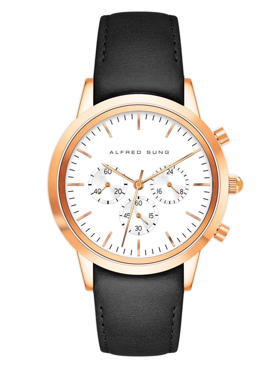 Alfred Sung Chronograph White Sunray Dial Black Leather Strap Men's watch