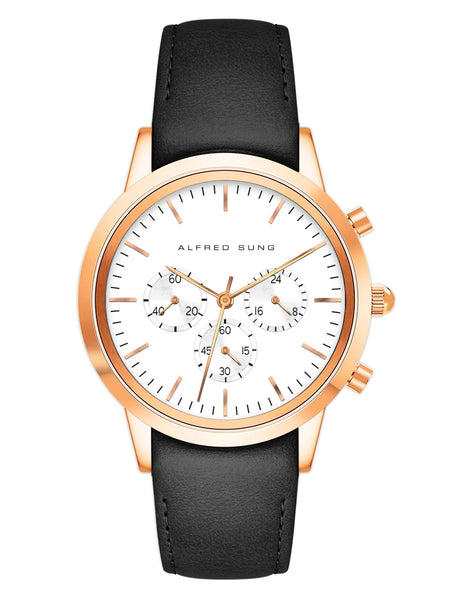Alfred Sung Chronograph White Sunray Dial Black Leather Strap Men's watch