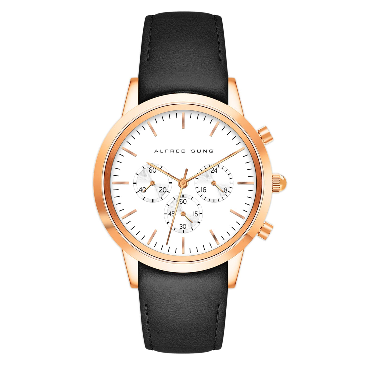 Alfred Sung Chronograph White Sunray Dial Black Leather Strap Men's watch — Chronograph White Sunray Dial…