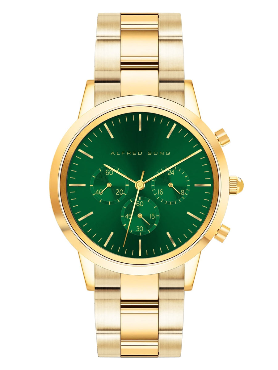 Alfred Sung Chronograph Green Sunray Dial Gold Bracelet Men's watch