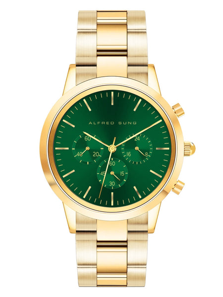 Alfred Sung Chronograph Green Sunray Dial Gold Bracelet Men's watch