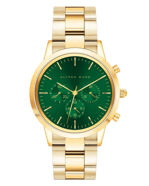 Alfred Sung Chronograph Green Sunray Dial Gold Bracelet Men's watch