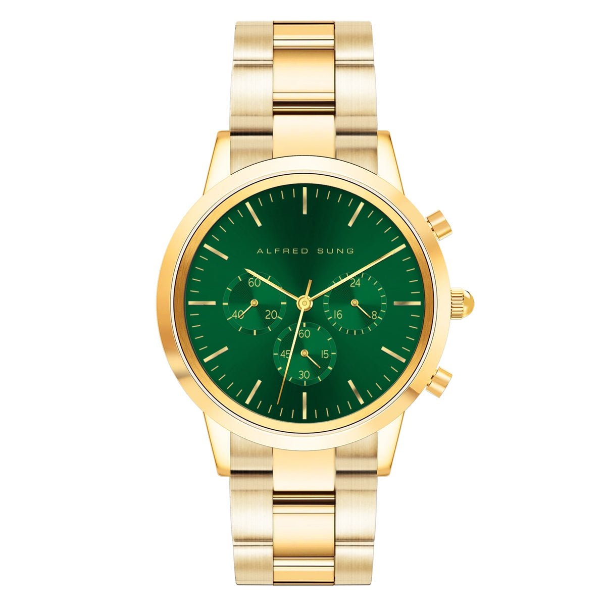 Alfred Sung Chronograph Green Sunray Dial Gold Bracelet Men's watch — Chronograph Green Sunray Dial Gold…