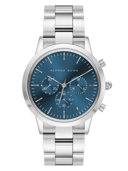 Alfred Sung Chronograph Blue Sunray Dial Silver Bracelet Men's watch