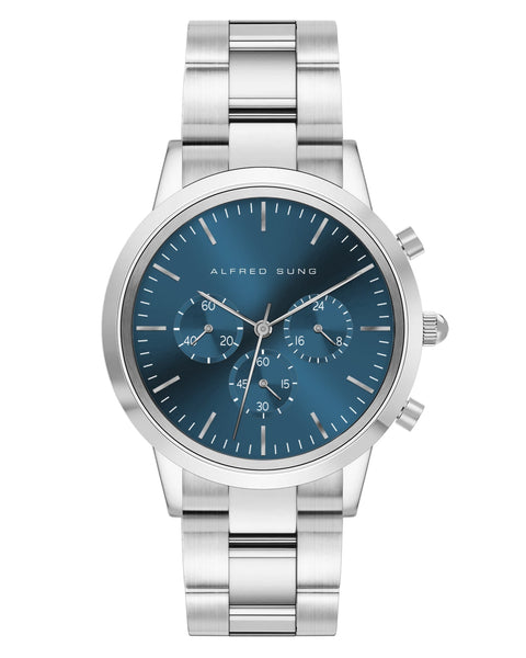 Alfred Sung Chronograph Blue Sunray Dial Silver Bracelet Men's watch
