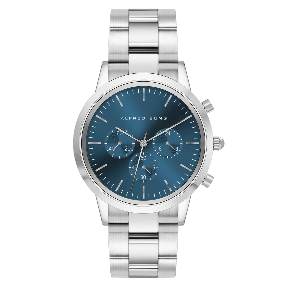 Alfred Sung Chronograph Blue Sunray Dial Silver Bracelet Men's watch — Chronograph Blue Sunray Dial Silver…