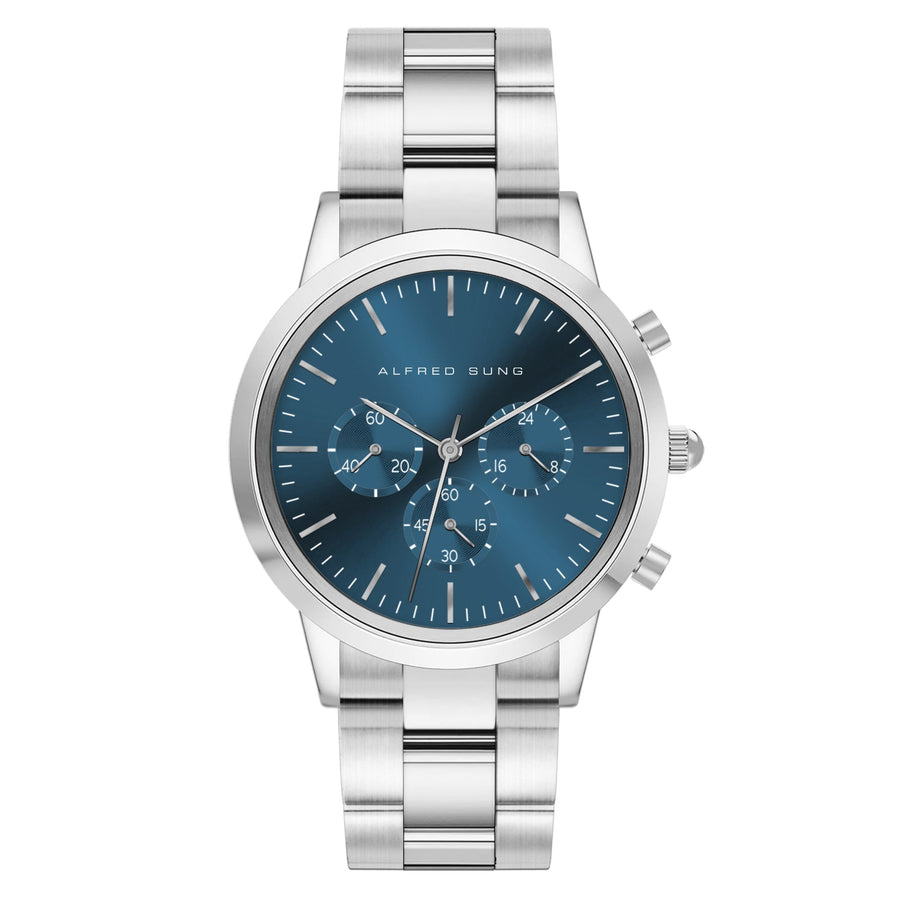 Alfred Sung Chronograph Blue Sunray Dial Silver Bracelet Men's watch — Chronograph Blue Sunray Dial Silver…