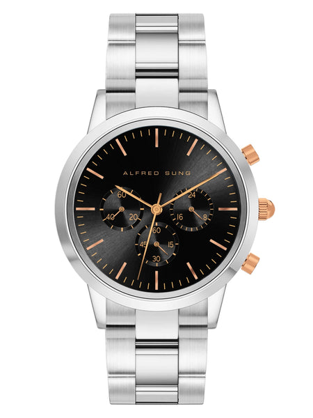Alfred Sung Chronograph Black Sunray Dial Silver Bracelet Men's watch
