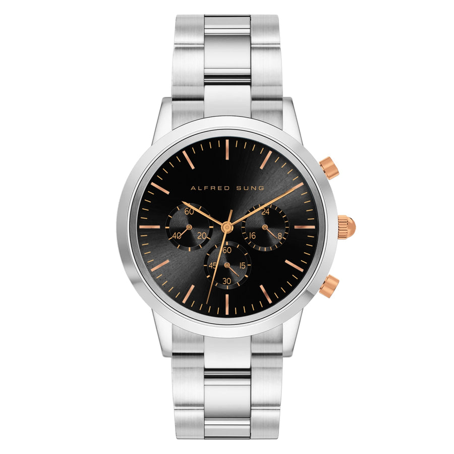 Alfred Sung Chronograph Black Sunray Dial Silver Bracelet Men's watch — Chronograph Black Sunray Dial Silver…