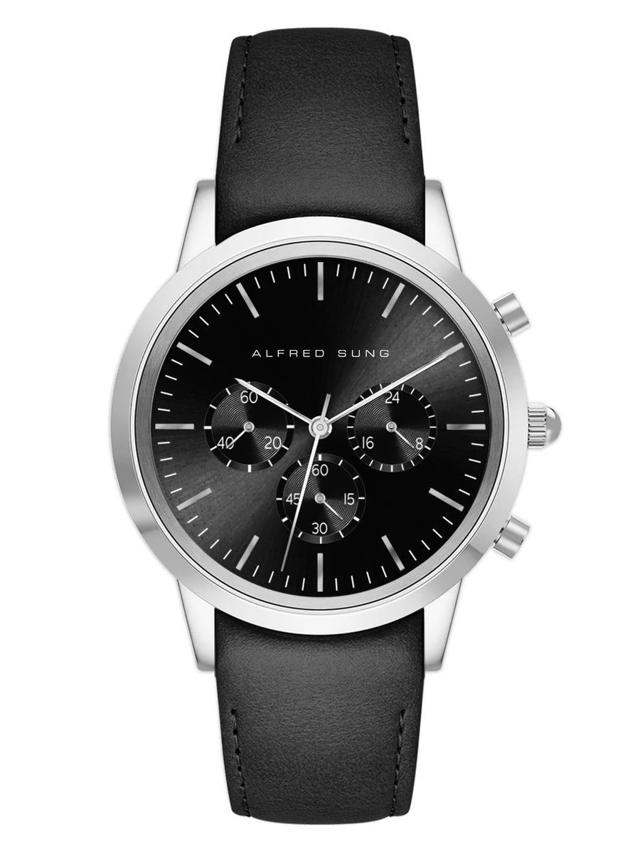 Alfred Sung Chronograph Black Sunray Dial BlackLeather Strap Men's watch