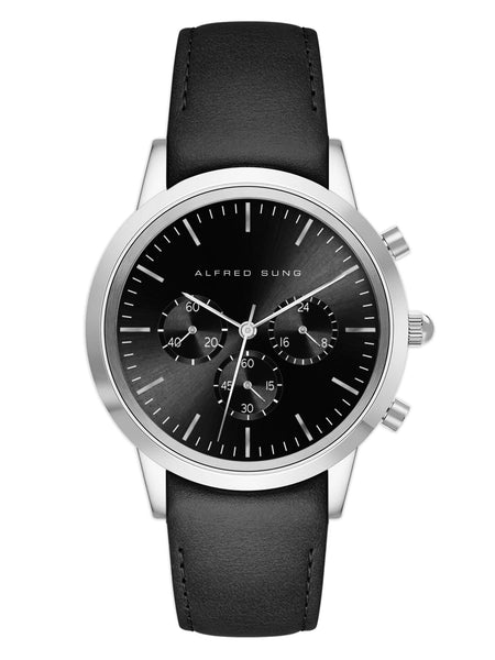 Alfred Sung Chronograph Black Sunray Dial BlackLeather Strap Men's watch