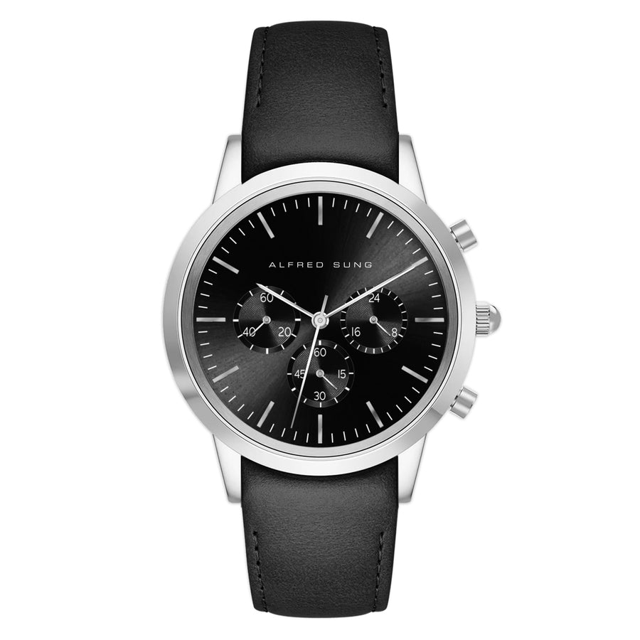 Alfred Sung Chronograph Black Sunray Dial BlackLeather Strap Men's watch — Chronograph Black Sunray Dial Black…