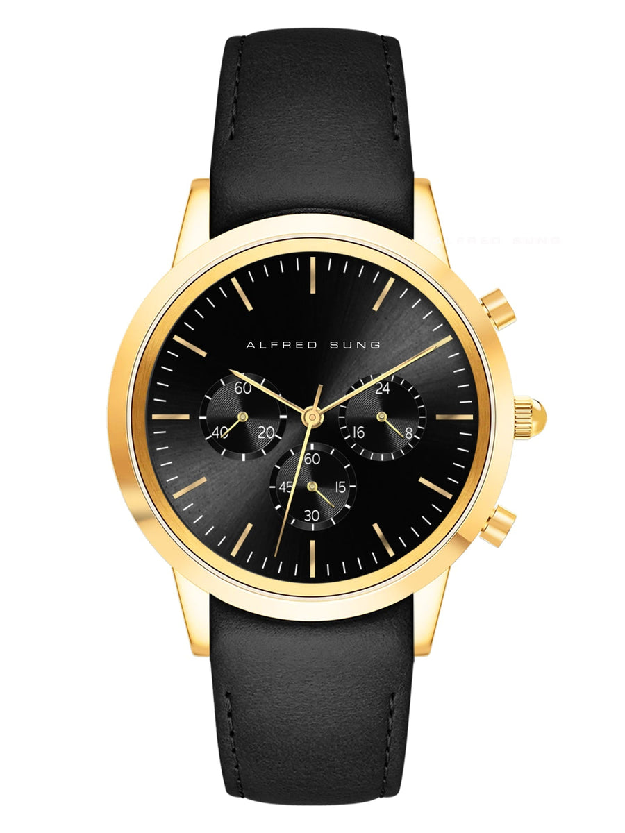 Alfred Sung Chronograph Black Sunray Dial Black Leather Strap Men's watch