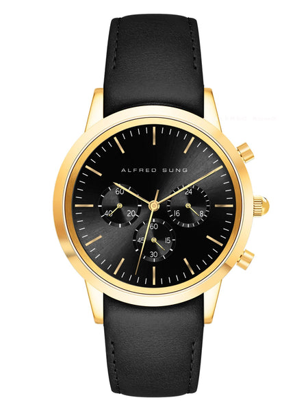 Alfred Sung Chronograph Black Sunray Dial Black Leather Strap Men's watch