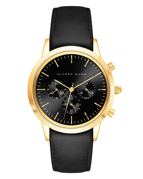 Alfred Sung Chronograph Black Sunray Dial Black Leather Strap Men's watch