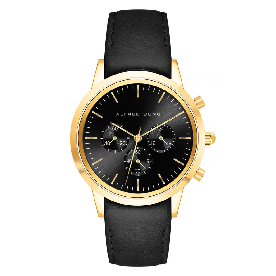 Alfred Sung Chronograph Black Sunray Dial Black Leather Strap Men's watch — Chronograph Black Sunray Dial…