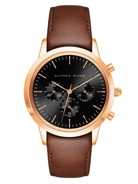 Alfred Sung Chronograph Black Sunray Dial Brown Leather Strap Men's watch