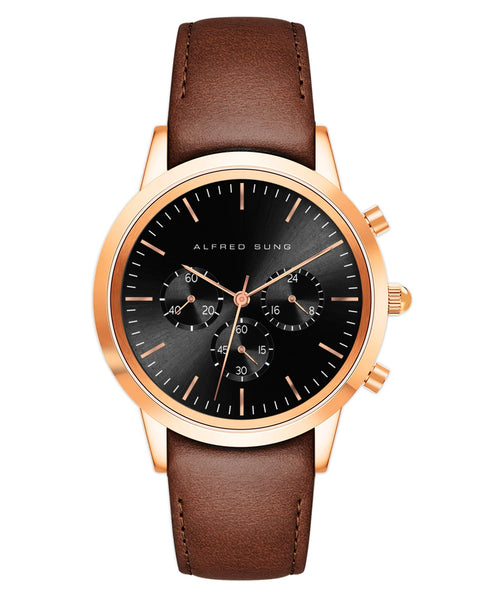 Alfred Sung Chronograph Black Sunray Dial Brown Leather Strap Men's watch