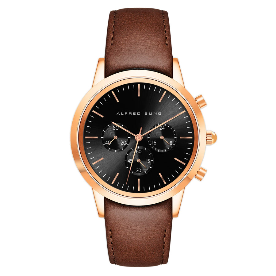 Alfred Sung Chronograph Black Sunray Dial Brown Leather Strap Men's watch — Chronograph Black Sunray Dial…