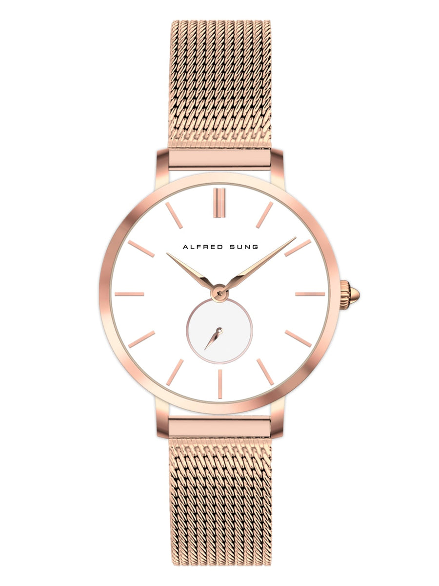 Alfred Sung Serenity Sunray White Dial Rosegold Bracelet Ladies watch