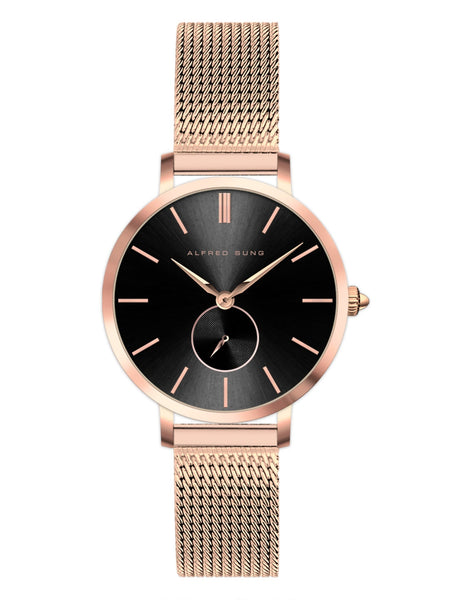 Alfred Sung Serenity Sunray Black Dial Rosegold Bracelet Ladies watch