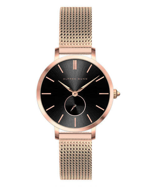 Alfred Sung Serenity Sunray Black Dial Rosegold Bracelet Ladies watch