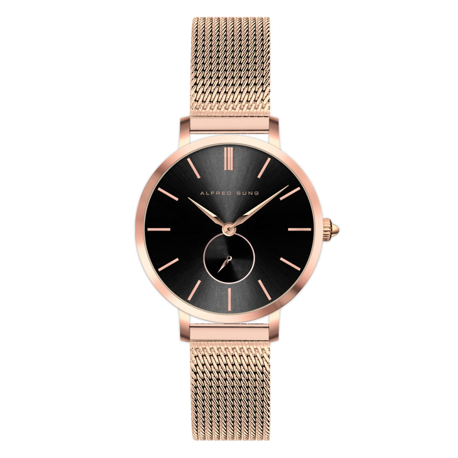 Alfred Sung Serenity Sunray Black Dial Rosegold Bracelet Ladies watch — Serenity Sunray Black Dial Rosegold…