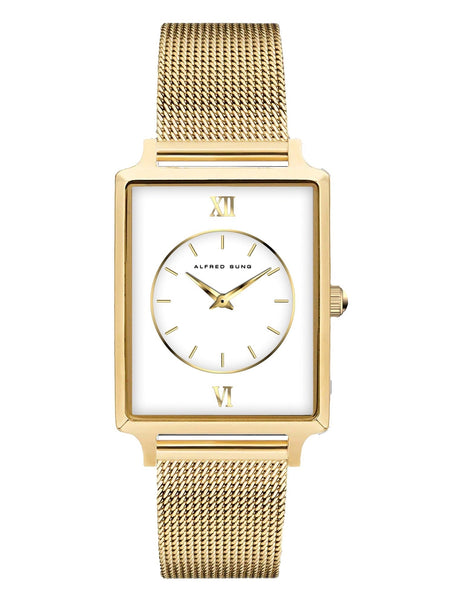 Alfred Sung Horizon Sunray White Dial Gold Bracelet Ladies watch