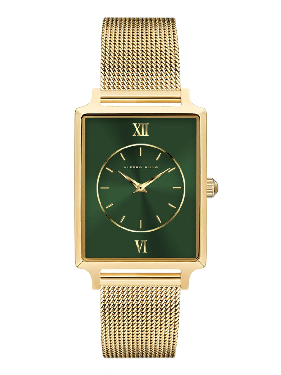 Alfred Sung Horizon Sunray Green Dial Gold Bracelet Ladies watch